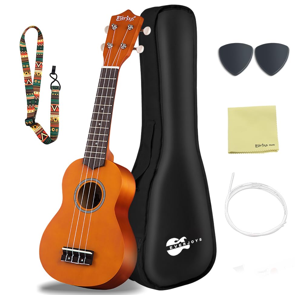 Soprano Ukulele Beginner Pack 21-inch, with Strings, Gig Bag, Wooden Ukulele, Pick, Polishing Cloth - All-in-One Kit