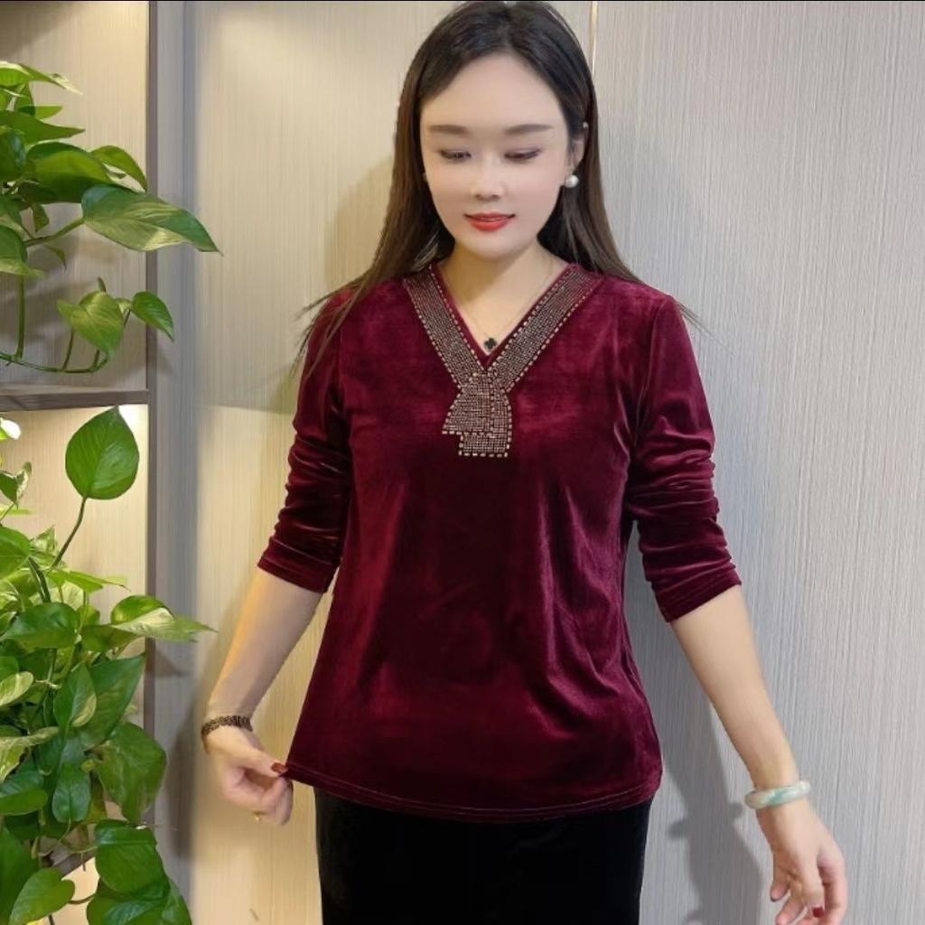 Women's V-neck Velvet Blouse Loose Rhinestone Velvet Blouse Solid Color Velvet Pullover Top Autumn Winter