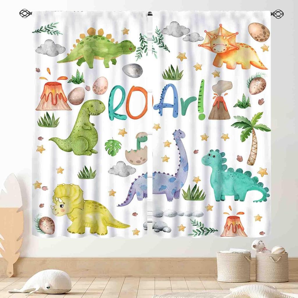 Kids Dinosaur Curtains For Boys Room, Cartoon Dino Funny Cute Dinosaur Safari Animals Colorful Window Treatments Drapery For