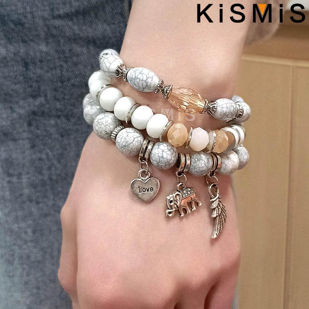 3Pcs Layered Boho Bracelets Set Stackable Stretch Bead Bracelet with Elephant Heart Charm for Women Fashion Jewelry