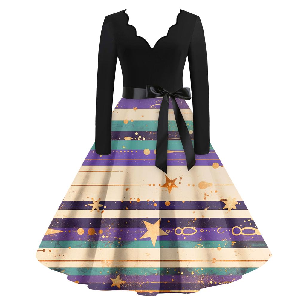 Women's Casual Fashion V Neck Long Sleeve Printed Vintage Long Dress