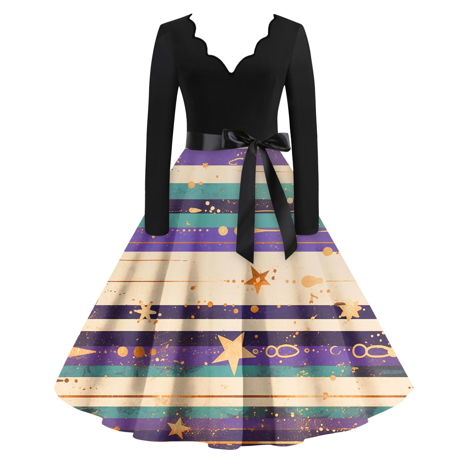 

Women s Casual Fashion V Neck Long Sleeve Printed Vintage Long Dress S