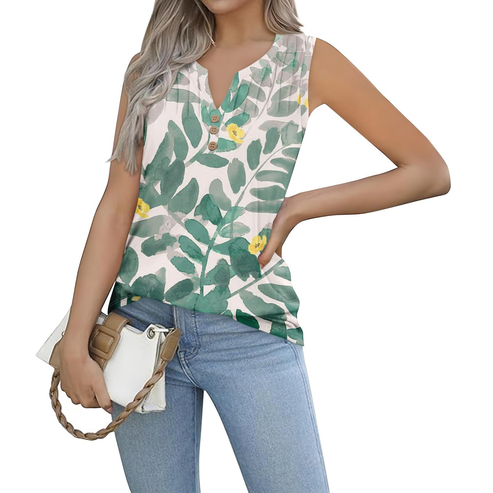 

Женская майка для девочек с цветочным принтом, повседневный топ, майки для женщин, свободный крой, топы без рукавов, струящиеся L зелёный