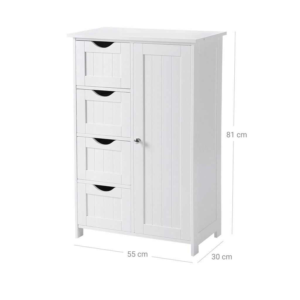 VASAGLE Bathroom Floor Storage Cabinet, Wooden Storage Unit with 4 Drawers, Single Door, Adjustable Shelf, for Living Room, Kitchen, Entryway, White