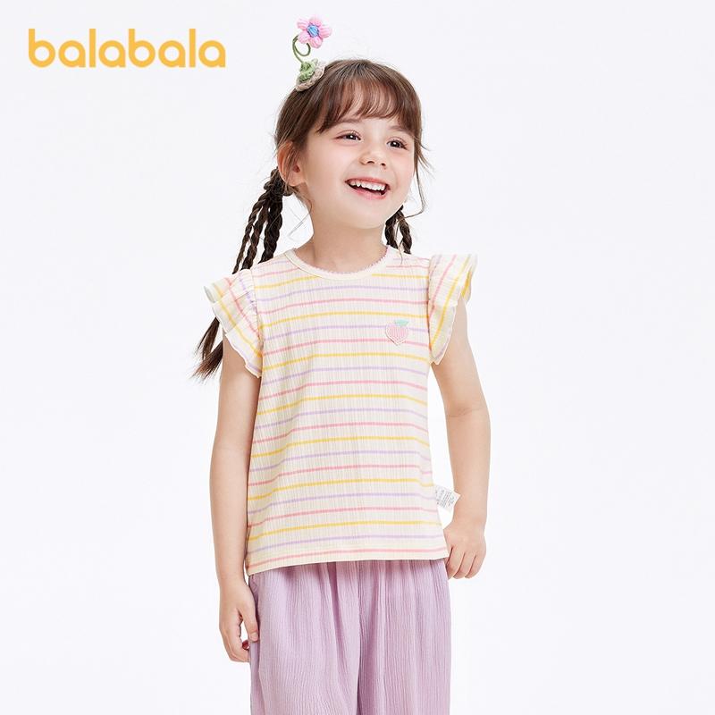 Balabala T-shirt for girls, short sleeved children's top, summer new style, striped T-shirt, sweet little fly sleeves