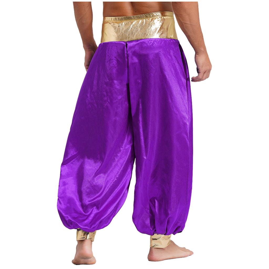 Mens Magical Hippie Harem Pants Metallic Shiny Patchwork Lantern Style Long Pants Arabian Prince Cosplay Costume
