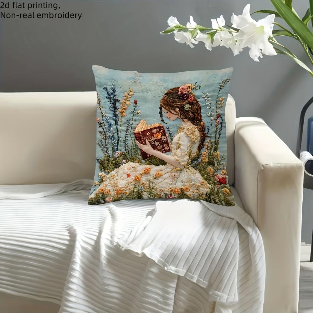 Enchanting 2D Printed Pillow Cover: Girl Reading Book Amidst Floral Wonderland Sofa cushion cover, home decoration, 2D printing
