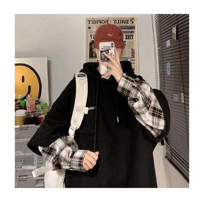 Autumn Plaid Sleeve Two-Piece Loose Hoodie 4XL чёрный
