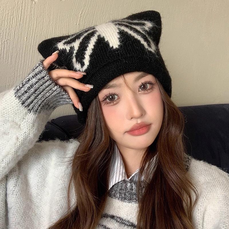 Autumn And Winter Cute Cat Ear Knitted Wool Hat Women'S Warm Ear Protection