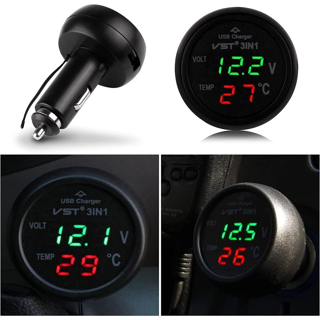 Car Cigarette Lighter Socket Car Voltmeter 3-in-1 12-24V Voltmeter Thermometer USB Car Charger for Car Truck