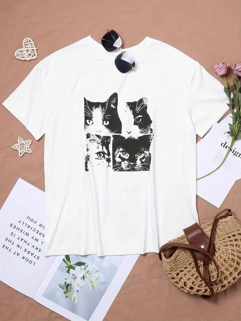 Women T-Shirt Vintage Cat Cute Printing Short Sleeve Tees Summer Street Fashion Tops Casual O-Neck Female Clothes Women Clothes