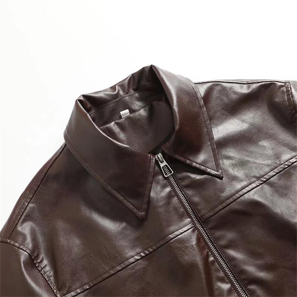 Cross-border foreign trade European and American women's clothing autumn and winter new pocket decoration PU leather imitation leather lapel solid