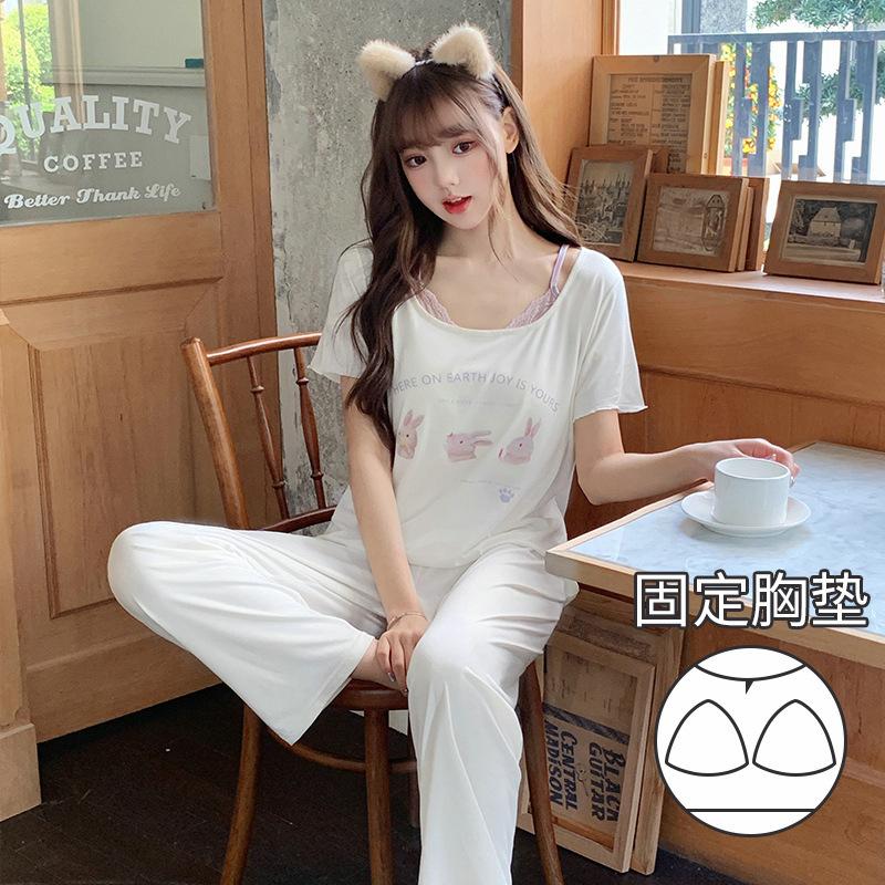 

[Miss Nisha] New pajamas with chest pads, women s summer rabbit printing set, sweet loungewear can be worn outside XL