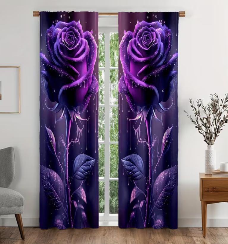 2D Flat, 2pcs/ SetExquisite Purple Rose Curtains, Decorative Flower Curtains Bedroom Fashionable Office Warm Living Room Study