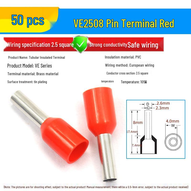 European Tubular Wire Connectors: VE0508, 7508, 1008, 1508, 2508 Pin Terminals