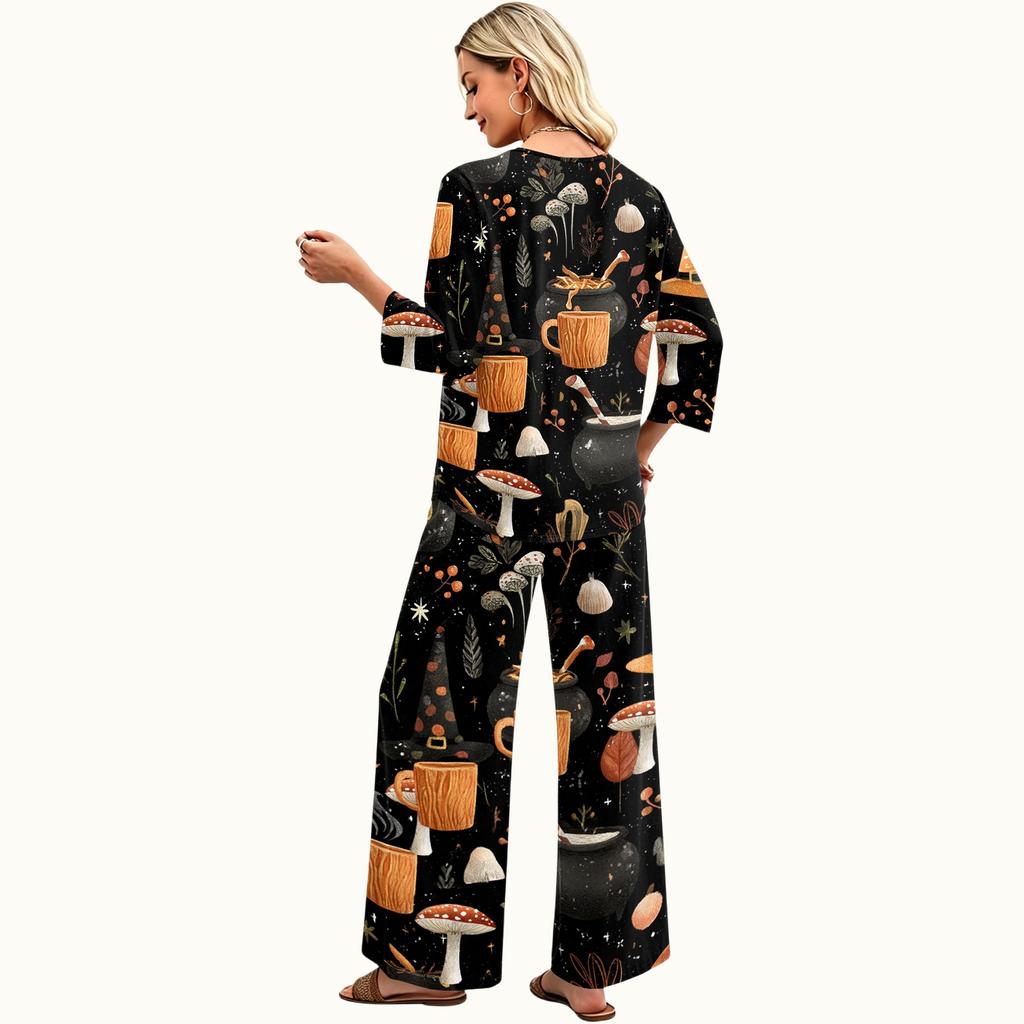 Women's Casual 2 Piece Outfit - Crewneck 3/4 Sleeve Loose Fit Top and Long Pants