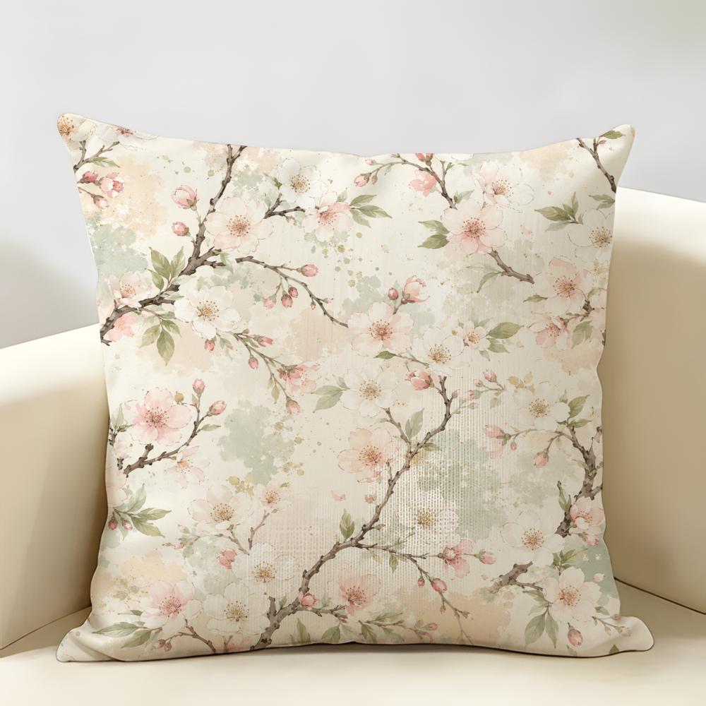 Japanese Cherry Blossom Cushion Cover Durable Hypoallergenic Organic Linen Pillow Cover Short Size Washable SkinFriendly