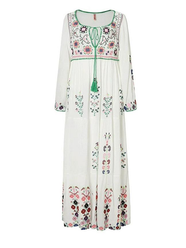 

Бохо Шик Платье с Цветочной Вышивкой, Длинное, На Шнуровке Extra Large белый
