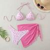 3-tlg./Set Damen Blumenmuster Bikini-Set Neckholder Gepolstert Ohne Bügel BH Schnelltrocknend Badehose Unifarben Überwurf Rock Set Sommer Strandmode