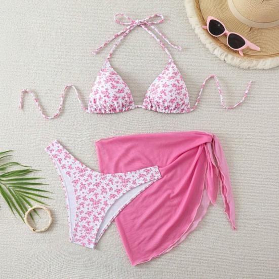3-tlg./Set Damen Blumenmuster Bikini-Set Neckholder Gepolstert Ohne Bügel BH Schnelltrocknend Badehose Unifarben Überwurf Rock Set Sommer Strandmode