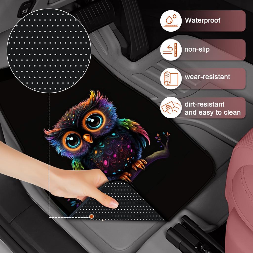 4pcs Set of Owl-Themed Car Floor Mats, Suitable for Protecting All Vehicle Front And Rear Seats, with Anti-Slip Base, Easy-To-Clean Interior Car