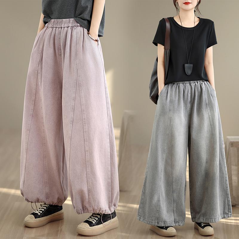 DIMANAF 2026 Summer New Plus Size Women Jeans Elastic Waist Long Pants Loose Casual Denim Cotton Trousers Vintaged