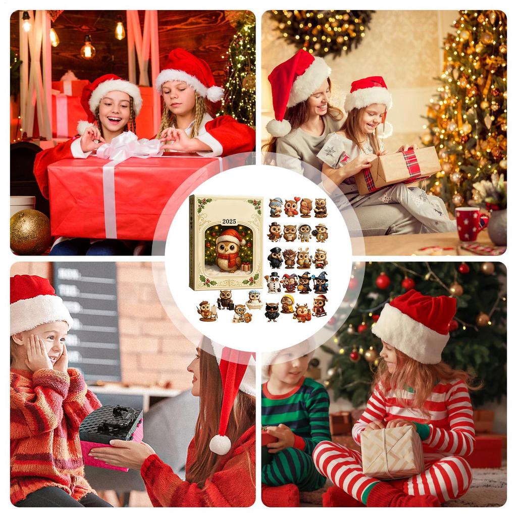 2025 Weihnachts-Countdown-Kalender 2D Flaches Acryl Ornament mit Tiermotiv 24 Tage Eulen-Ornament Countdown-Kalender für Männer Frauen