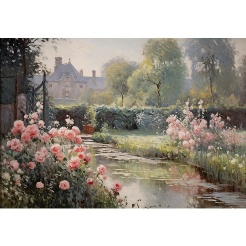 Dipinto ad olio vintage di fiori Rosa rosa vaso finestra vicino al fiume poster pittura su tela arte da parete immagini arredamento per la casa