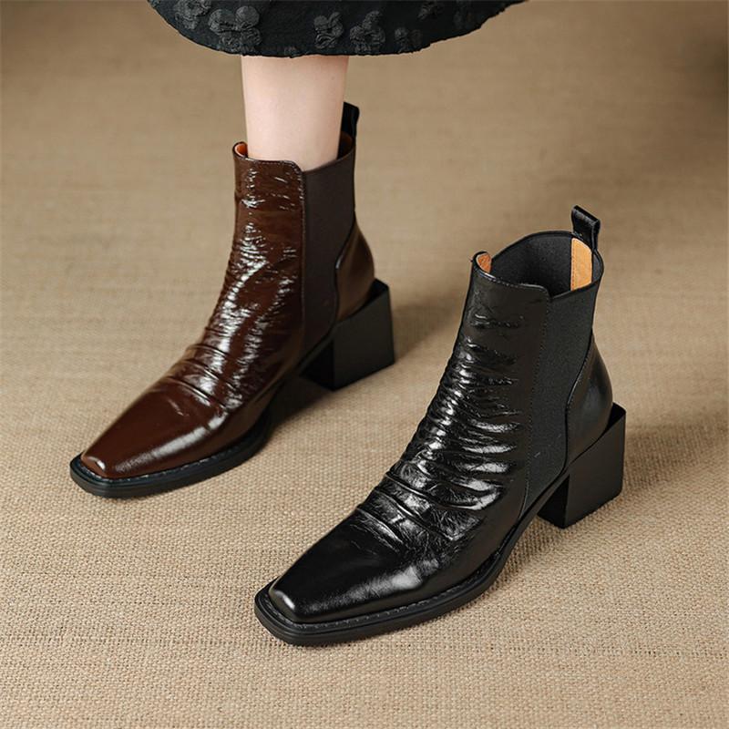 Fashion New Autumn/winter Genuine Leather Women Boot Square Toe Shoes for Women Fashion Boots High Heels Short Boots Black Handmade