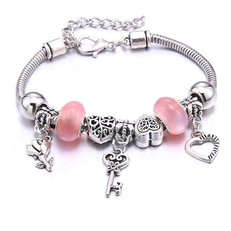 Pink Charm Bangle Lobster Buckle Snake Chain Beaded Bangles For Women Summer Romantic Gift Fashion Butterfly Bracelet Jewelry