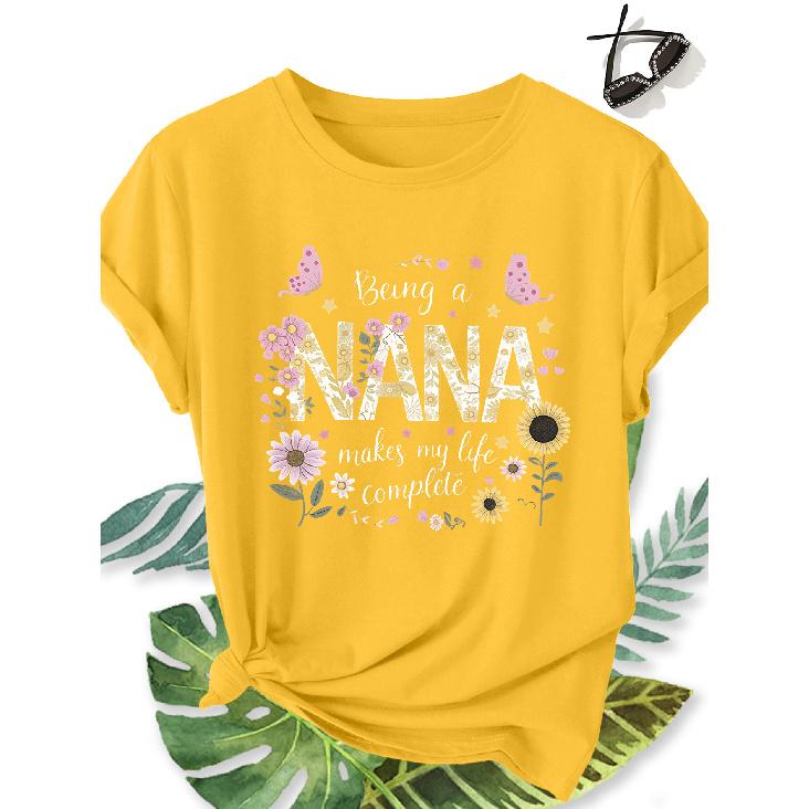 Elegant plus-size short-sleeve shirt for women Flower NANA Grandma print pattern round-neck women's comfortable, soft, breathable new spring-summer