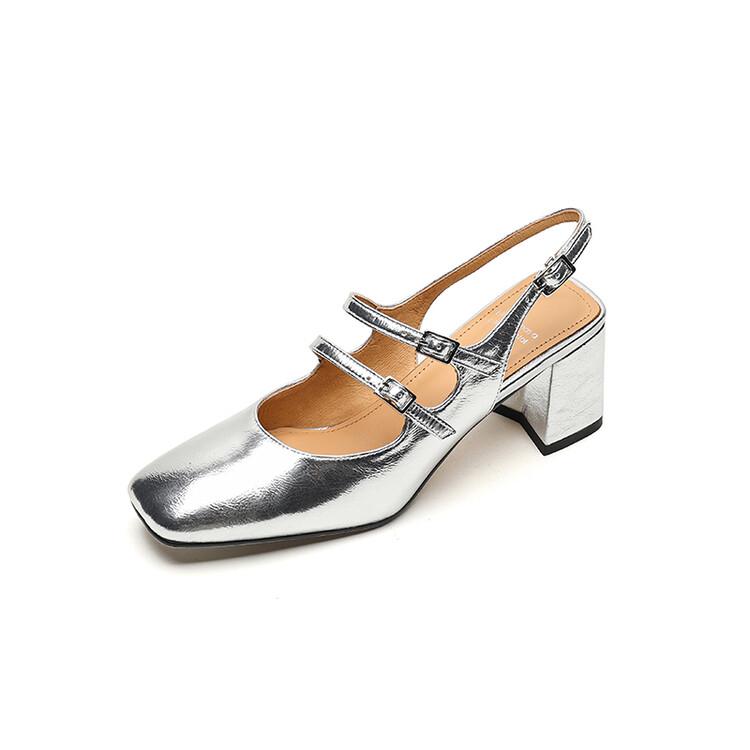 

Модные летние сандалии Мэри Джейн с квадратным носком, на высоком каблуке, с закрытым носком и ремешком на пятке, римские сандалии для женщин, женские сандалии из спилковой кожи 40 серебряный