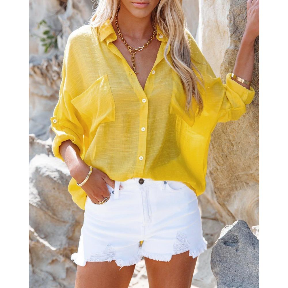 DIMANAF 2024 Plus Size New Summer Blouse Linen Fashion Solid Shirt Women Loose Long Sleeve Shirt Yellow Casual Tops Tees