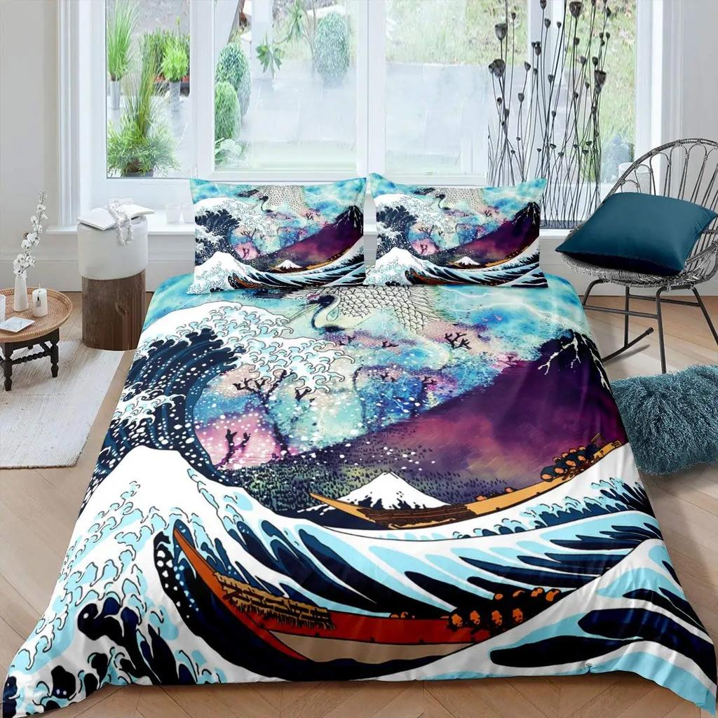 Japanese Wave King Queen Duvet Cover Blue Sea Bedding Set Maple Leaf Moon Quilt Cover Hokusai Ukiyo-E Polyester Comforter Cover