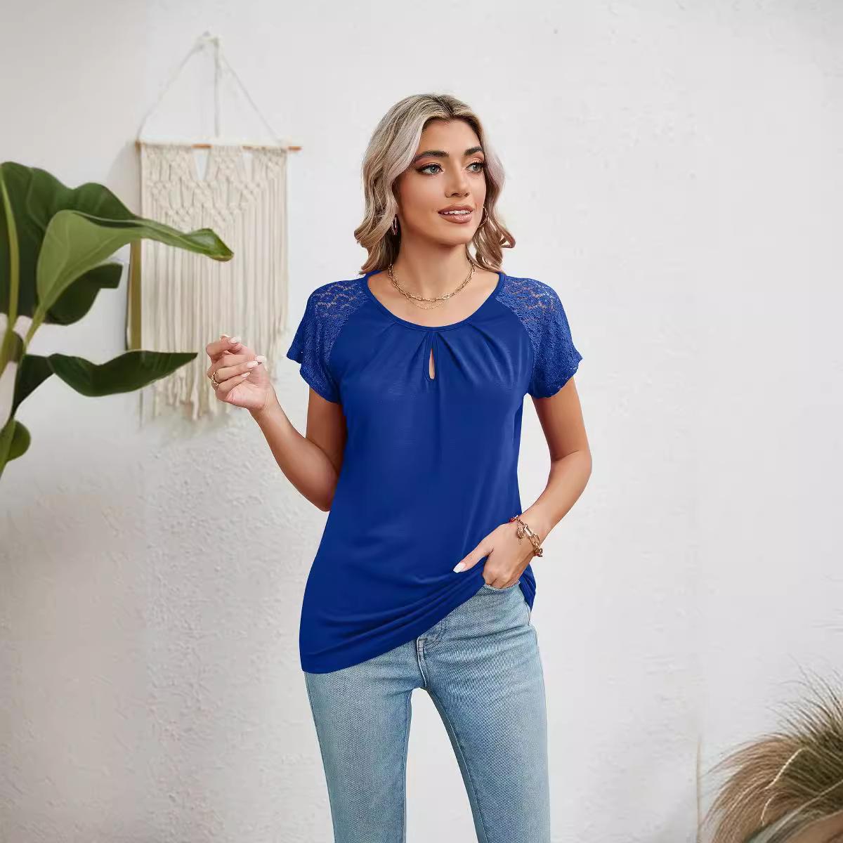 

GMXIA Spring Summer Solid Color Crewneck Lace Stitching Short Sleeve T-shirt Top Women M