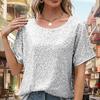 Women Tops Round Neck Short Sleeve Loose Fit Tee Shirt Sparkling Sequins Casual Shirt Versatile Summer Tops