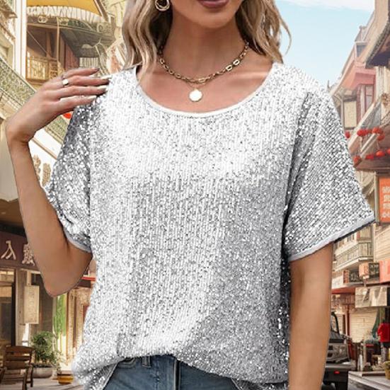 Women Tops Round Neck Short Sleeve Loose Fit Tee Shirt Sparkling Sequins Casual Shirt Versatile Summer Tops