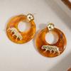 Resin Amber Smudged Round Ring Tiger Earrings, Retro Maillard Style Light Luxury Simple Personalized Earrings For Women