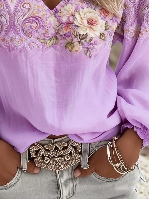 Retro western-style printed lantern sleeves, V-neck women's long-sleeved shirt, suitable for all seasons