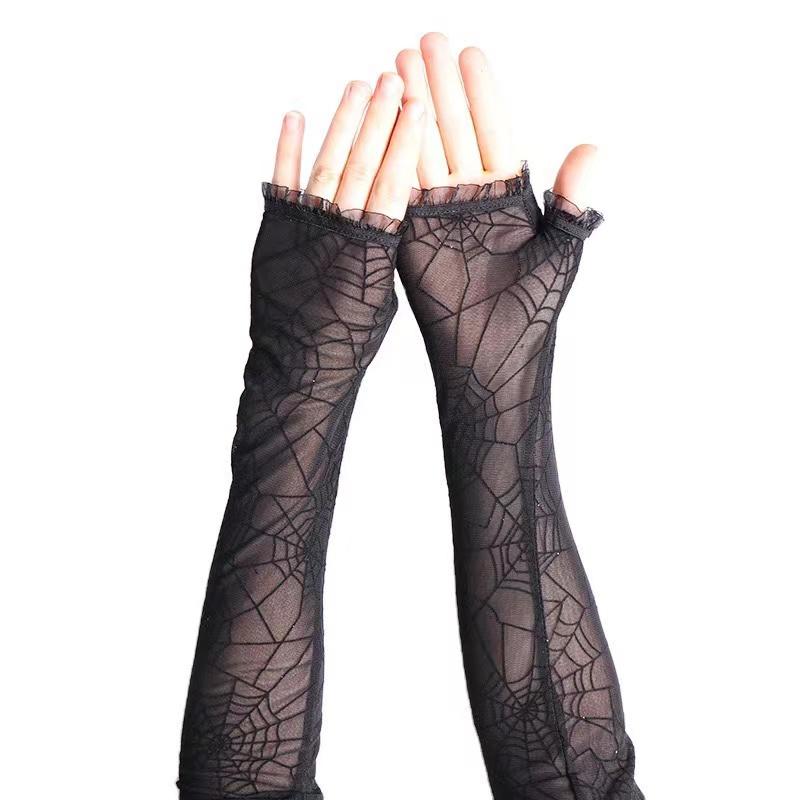 Gothic Lolita Mädchen Schwarz Spinnennetz Handschuhe Fingerlos Spitze Netz Fäustlinge Punk Harajuku Frauen Sexy Halbfingerlänge Ärmel Neu