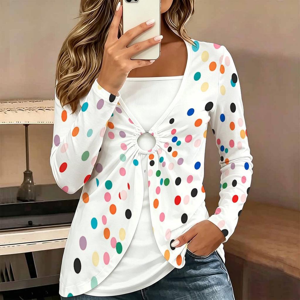Tops for Women Simple Print Long Sleeve Fake Two‑Piece Top Fall Casual Slim Pullover Women's Long Sleeve Top