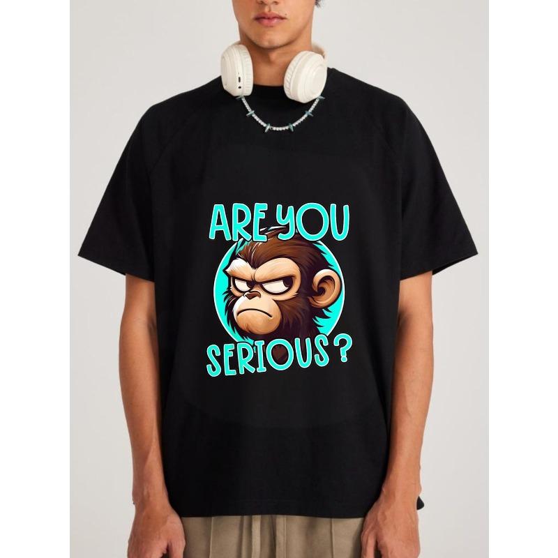 Crew Neck T Shirt White Monkey Face Are You Serious Text Graphic Print Casual Wear for Men and Women Streetwear Fashion Summer Outfit