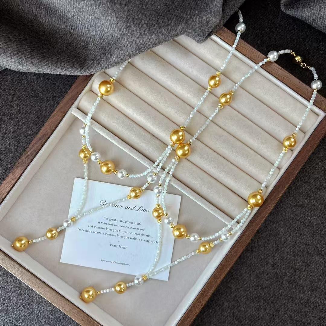 

Vintage High Quality Artificial Crystal Pearl Natural Shell Gradual Change Mixed Color Sweater Chain Necklace Collarbone Chain