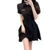 Summer French-style polo collar button dress for women, designer bow shirt dress, waist-cinching pleated short skirt