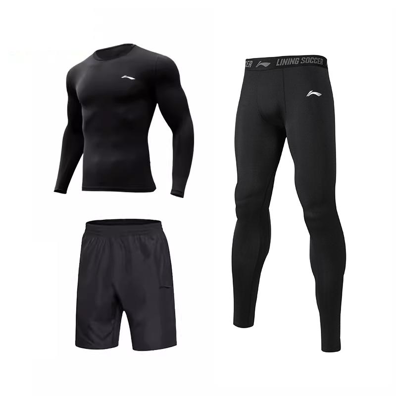 

Li Ning Running Fitness Series однотонный логотип обтягивающий спортивный быстросохнущий топ эластичные брюки средней посадки фитнес-комплект мужской активный черный YWBU074-1