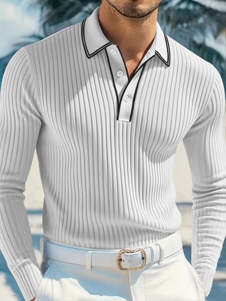 Camisa Polo Masculina Listrada de Manga Longa, Top Casual Fashion para Uso Diário