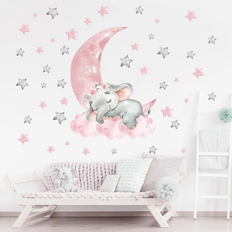 1Pc Cartoon Pink Elephant Wall Stickers Room Decor Bedroom Wall Decals Baby Room Nursery Wall Decoration Stickers Living Room