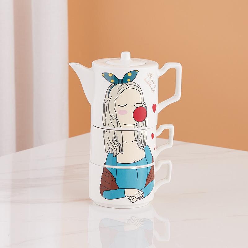 

Современный керамический чайник с набором из 2 чайных чашек, расписанный вручную фарфоровый чайный сервиз для кофе, латте, молочного чая, цветочного и фруктового чая Three-piece Set