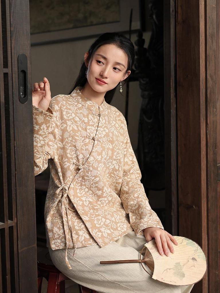 Deer and Andi 2026 Spring Women's Retro Printed Chinese-Style Oblique Lapel Tie-Up Top