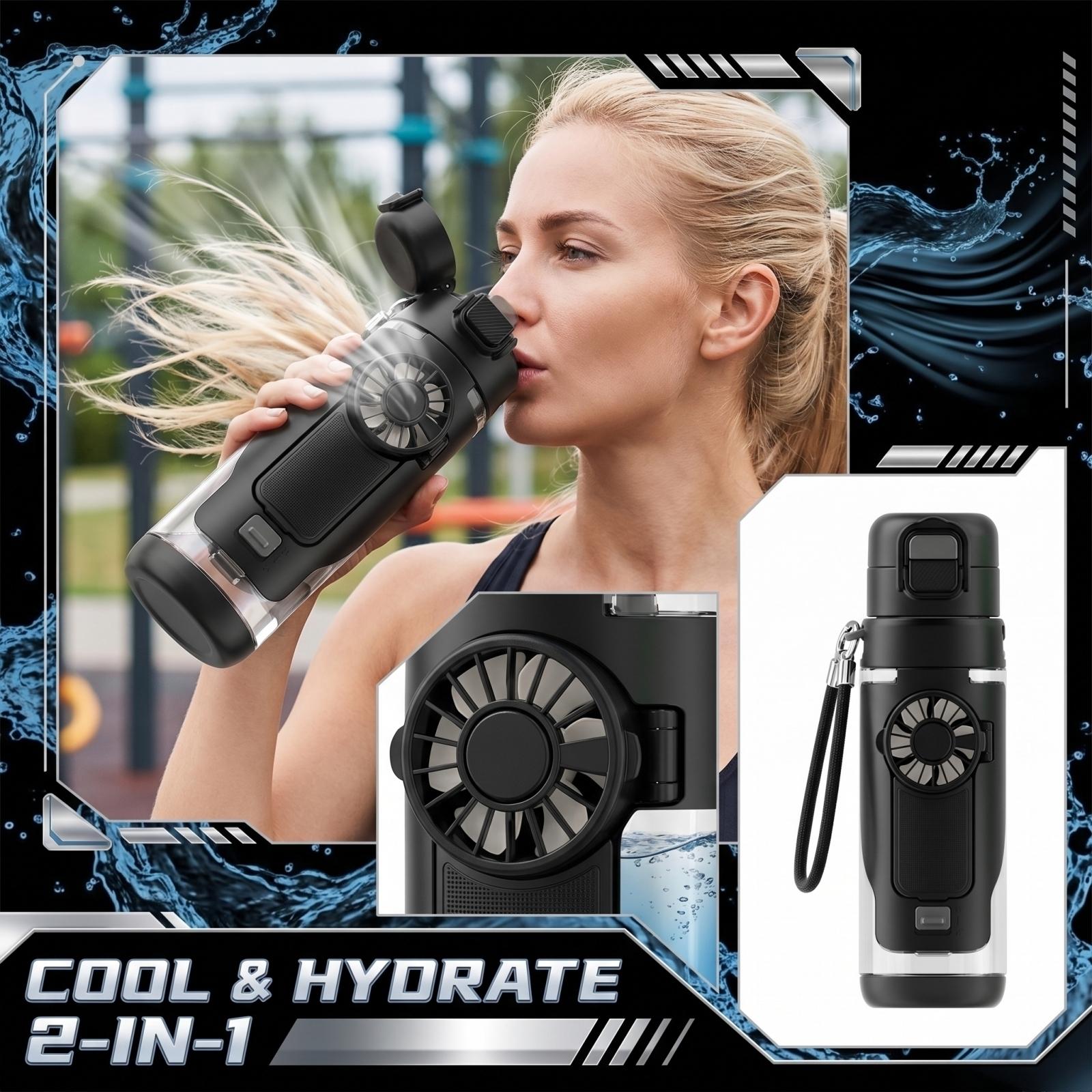 

2-in-1 Portable Fan Water Bottle,Reusable Tumbler With Detachable 3-Speed Handheld Fan, 10° Adjustable Personal Fan For Travel, Outdoor, Sports & Use One Size чёрный
